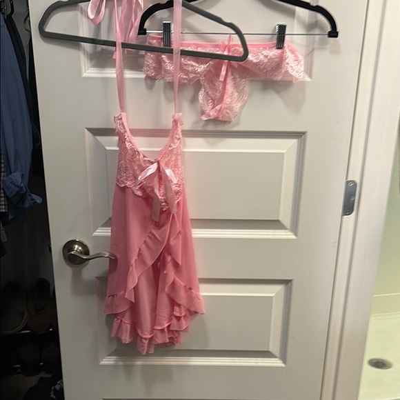 no name Other - Pink Satin Chemise with Ruffled Trim